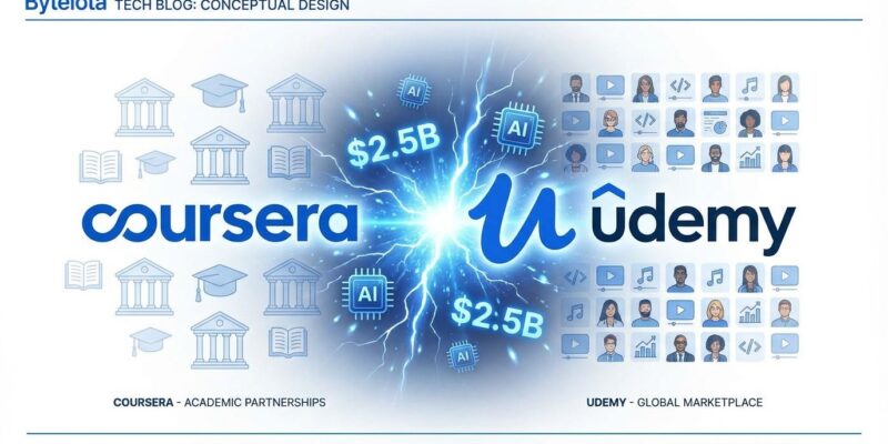 Coursera Udemy merger visualization showing two platforms merging with AI symbols
