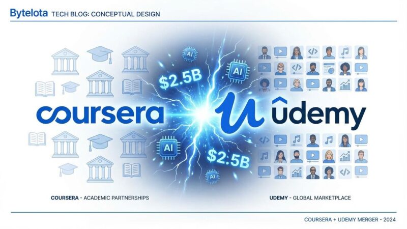 Coursera Udemy merger visualization showing two platforms merging with AI symbols