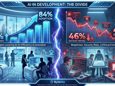 Split-screen visualization showing 84% AI adoption on left with rising graphs and 46% developer distrust on right with warning indicators, illustrating the trust crisis in AI coding tools