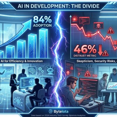 Split-screen visualization showing 84% AI adoption on left with rising graphs and 46% developer distrust on right with warning indicators, illustrating the trust crisis in AI coding tools