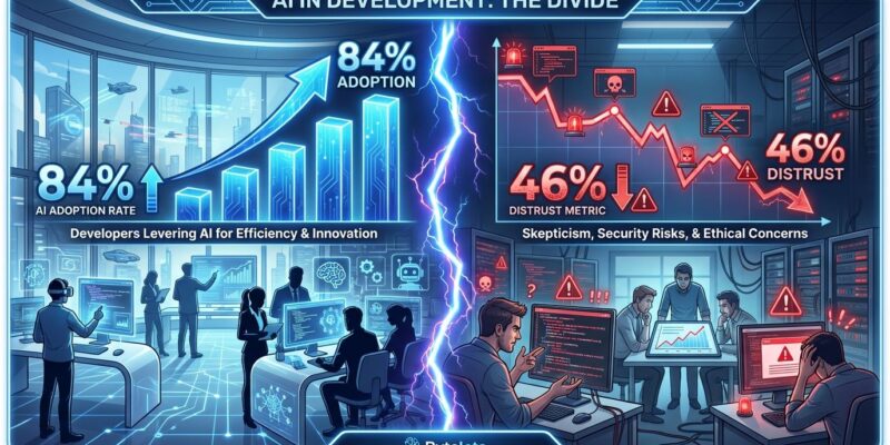 Split-screen visualization showing 84% AI adoption on left with rising graphs and 46% developer distrust on right with warning indicators, illustrating the trust crisis in AI coding tools