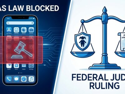 Split-screen illustration showing app store blocked by gavel on left, scales of justice balancing child protection and First Amendment on right