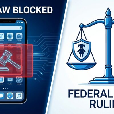 Split-screen illustration showing app store blocked by gavel on left, scales of justice balancing child protection and First Amendment on right