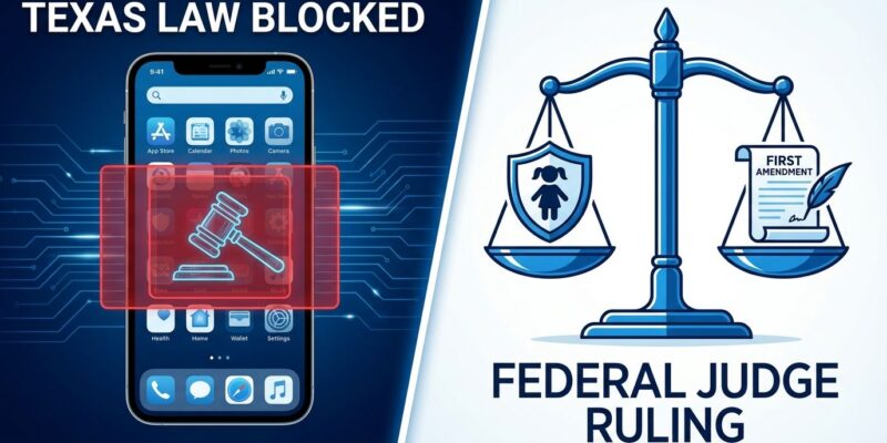 Split-screen illustration showing app store blocked by gavel on left, scales of justice balancing child protection and First Amendment on right