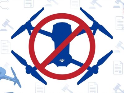 Drone silhouette with ban symbol representing Trump administration's foreign drone ban blocking DJI sales