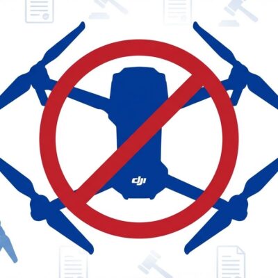 Drone silhouette with ban symbol representing Trump administration's foreign drone ban blocking DJI sales