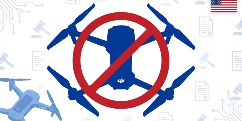 Drone silhouette with ban symbol representing Trump administration's foreign drone ban blocking DJI sales