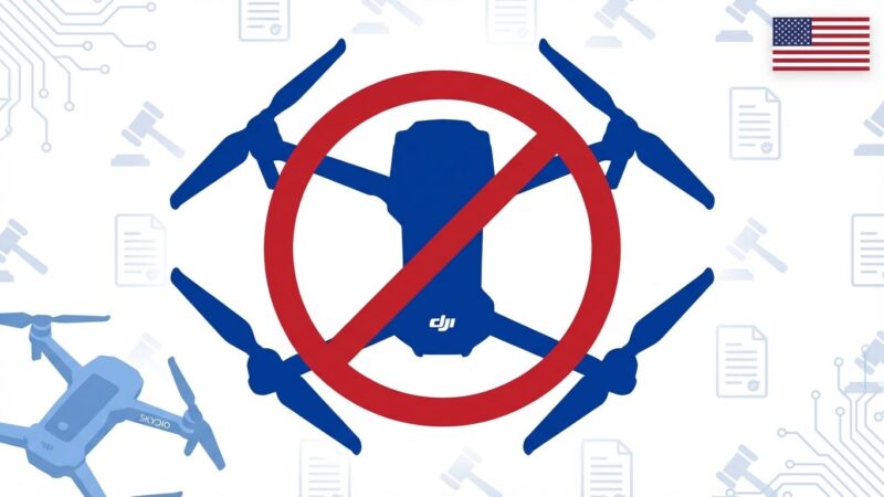 Drone silhouette with ban symbol representing Trump administration's foreign drone ban blocking DJI sales