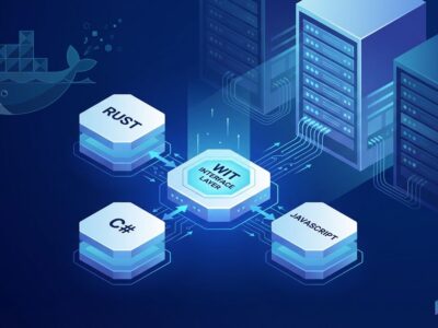 WebAssembly Component Model diagram showing Rust, C#, JavaScript code blocks connecting through WIT interface layer with Docker containers transforming to WASM modules