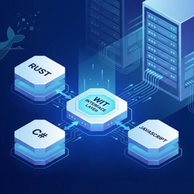 WebAssembly Component Model diagram showing Rust, C#, JavaScript code blocks connecting through WIT interface layer with Docker containers transforming to WASM modules