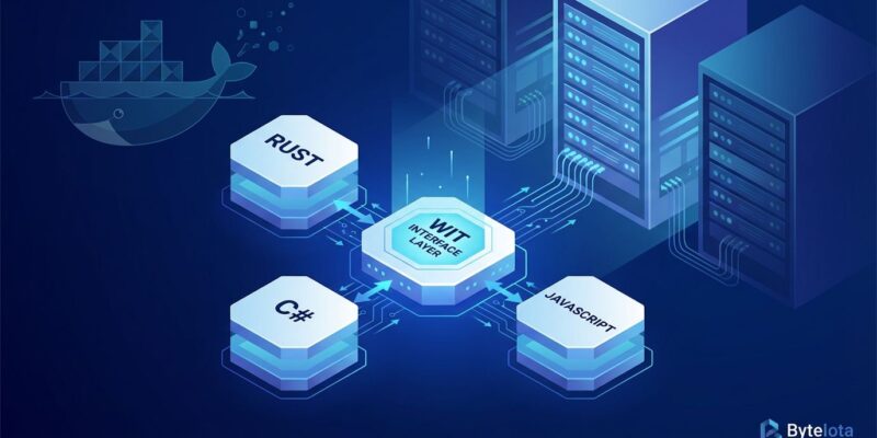WebAssembly Component Model diagram showing Rust, C#, JavaScript code blocks connecting through WIT interface layer with Docker containers transforming to WASM modules