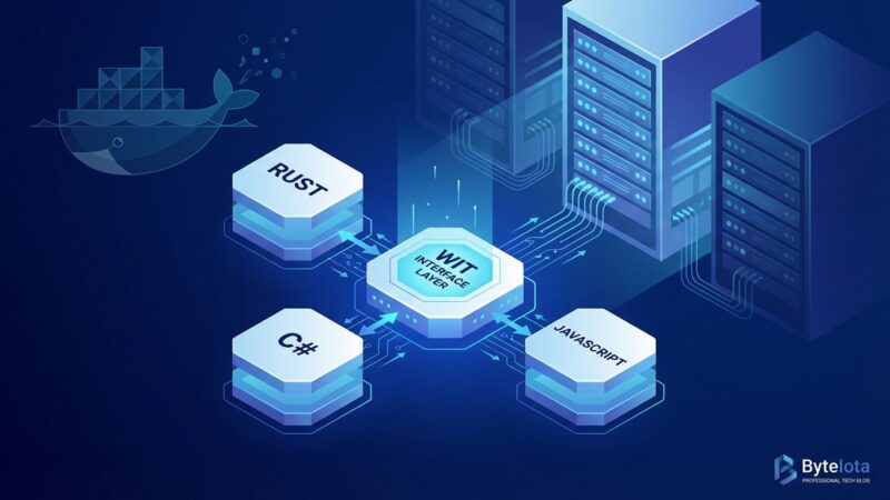 WebAssembly Component Model diagram showing Rust, C#, JavaScript code blocks connecting through WIT interface layer with Docker containers transforming to WASM modules