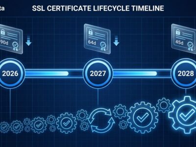 Timeline visualization showing Let's Encrypt certificate validity reduction from 90 days to 45 days between 2026-2028