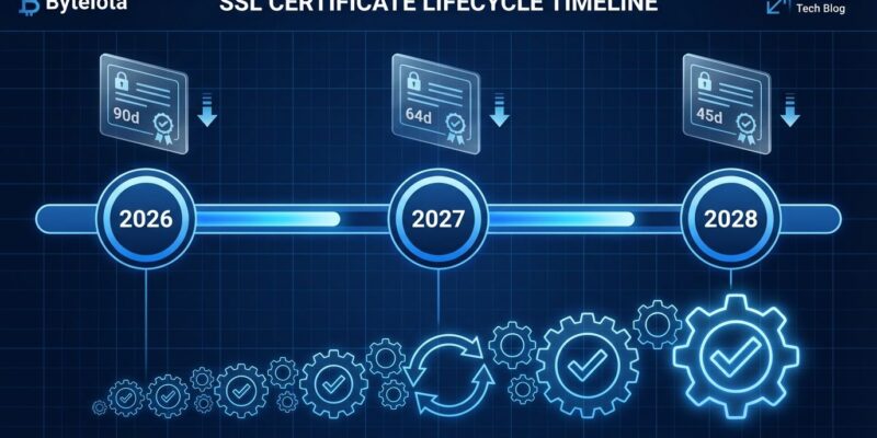 Timeline visualization showing Let's Encrypt certificate validity reduction from 90 days to 45 days between 2026-2028
