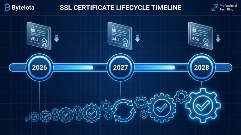 Timeline visualization showing Let's Encrypt certificate validity reduction from 90 days to 45 days between 2026-2028