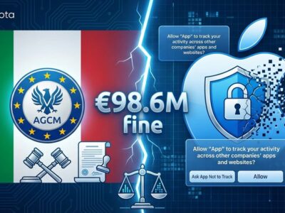 Italy vs Apple App Tracking Transparency fine - regulatory split screen showing AGCM ruling and double consent problem