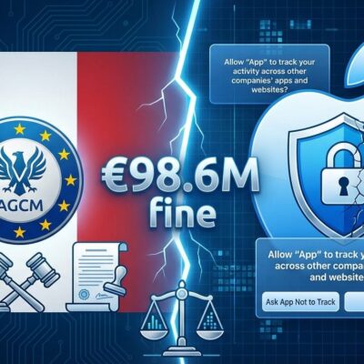 Italy vs Apple App Tracking Transparency fine - regulatory split screen showing AGCM ruling and double consent problem