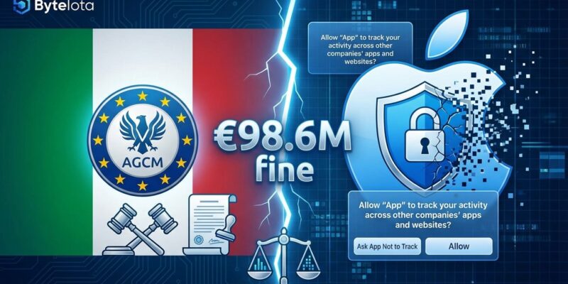 Italy vs Apple App Tracking Transparency fine - regulatory split screen showing AGCM ruling and double consent problem