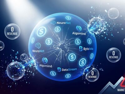 AI bubble visualization with cracking sphere filled with dollar signs and startup logos representing zero-revenue valuations