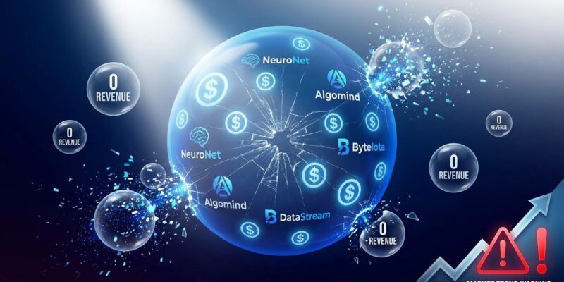 AI bubble visualization with cracking sphere filled with dollar signs and startup logos representing zero-revenue valuations