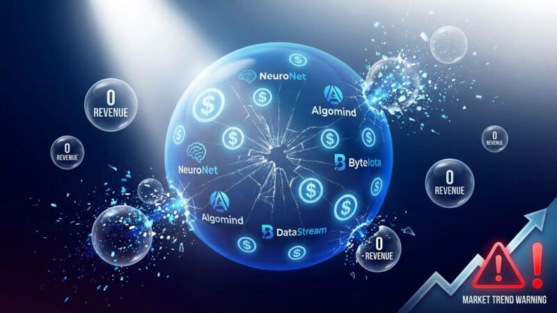 AI bubble visualization with cracking sphere filled with dollar signs and startup logos representing zero-revenue valuations