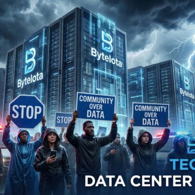 AI data center protest with activists holding signs opposing infrastructure projects valued at billion