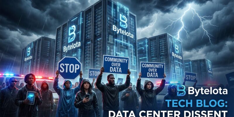 AI data center protest with activists holding signs opposing infrastructure projects valued at billion