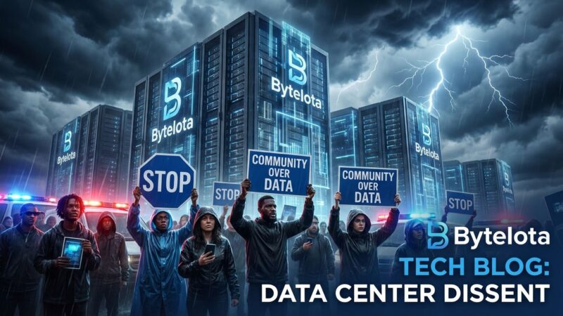 AI data center protest with activists holding signs opposing infrastructure projects valued at billion