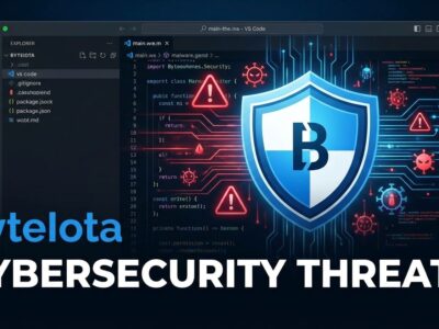 VS Code editor with security warning symbols and shield, representing malicious extensions threat