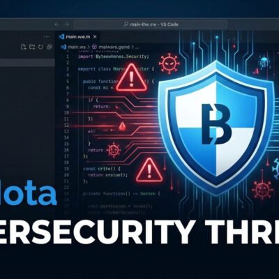 VS Code editor with security warning symbols and shield, representing malicious extensions threat