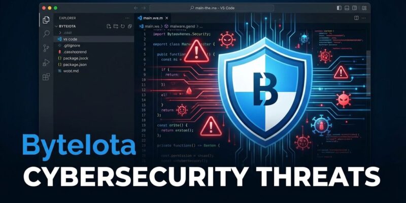 VS Code editor with security warning symbols and shield, representing malicious extensions threat