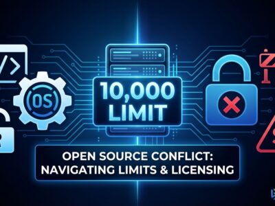 Open source conflict showing server with 10,000 message limit counter, split between free and restricted symbols