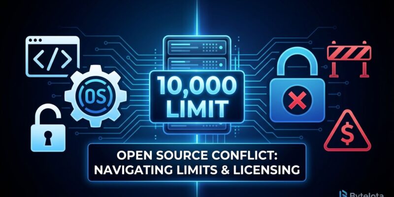 Open source conflict showing server with 10,000 message limit counter, split between free and restricted symbols