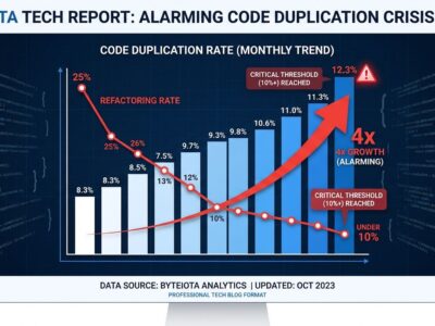 Data visualization showing code duplication rising from 8.3% to 12.3% while refactoring rate plummets from 25% to under 10%, illustrating the AI code quality crisis