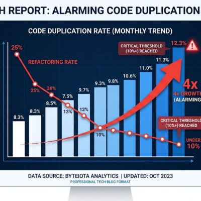 Data visualization showing code duplication rising from 8.3% to 12.3% while refactoring rate plummets from 25% to under 10%, illustrating the AI code quality crisis