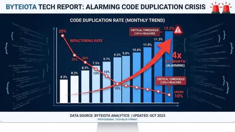 Data visualization showing code duplication rising from 8.3% to 12.3% while refactoring rate plummets from 25% to under 10%, illustrating the AI code quality crisis