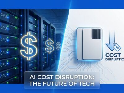 AI cost disruption visualization showing expensive GPU servers versus efficient minimal hardware with ByteIota blue branding