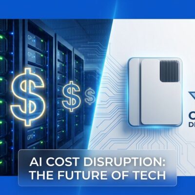 AI cost disruption visualization showing expensive GPU servers versus efficient minimal hardware with ByteIota blue branding