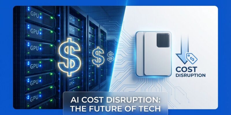 AI cost disruption visualization showing expensive GPU servers versus efficient minimal hardware with ByteIota blue branding