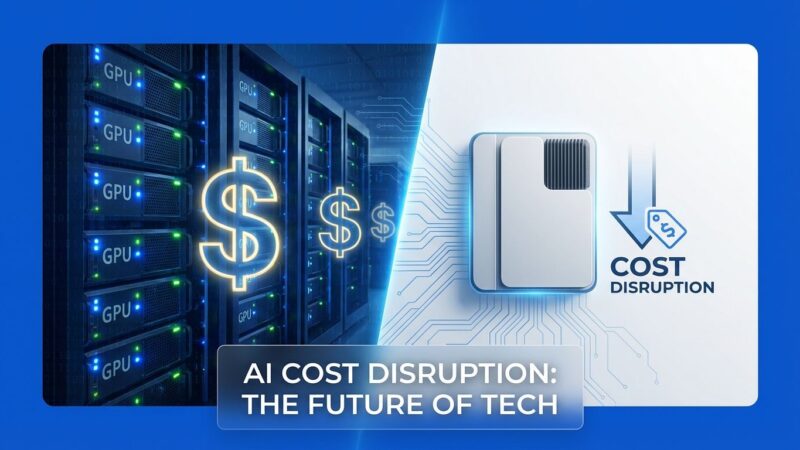 AI cost disruption visualization showing expensive GPU servers versus efficient minimal hardware with ByteIota blue branding