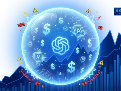 OpenAI fundraising bubble visualization showing billion valuation with warning signs and upward trending chart