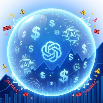 OpenAI fundraising bubble visualization showing billion valuation with warning signs and upward trending chart