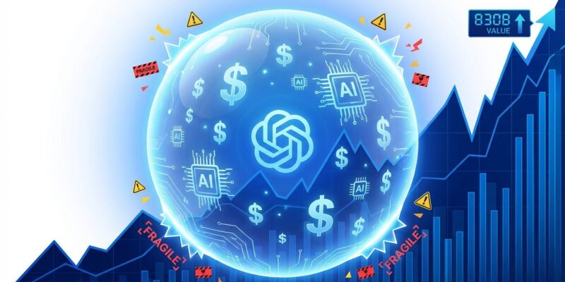 OpenAI fundraising bubble visualization showing billion valuation with warning signs and upward trending chart