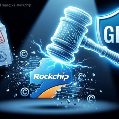 FFmpeg files DMCA takedown against Rockchip for GPL violations showing legal enforcement with gavel and GPL shield