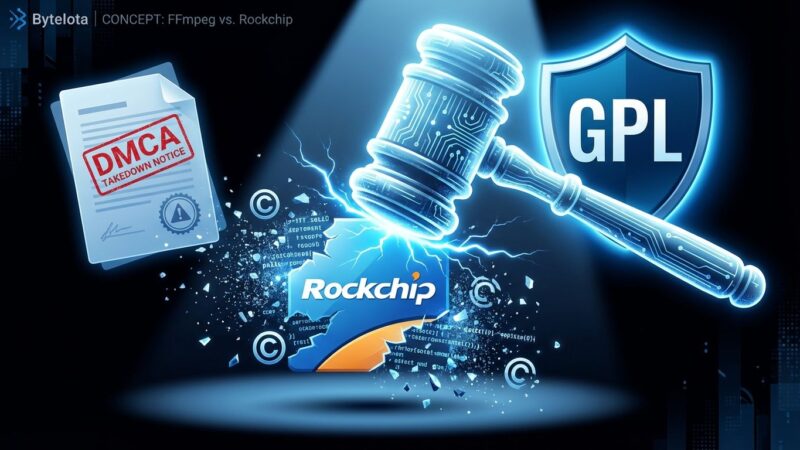 FFmpeg files DMCA takedown against Rockchip for GPL violations showing legal enforcement with gavel and GPL shield