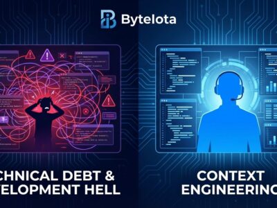 Split screen showing chaotic tangled code representing technical debt versus clean organized code representing context engineering