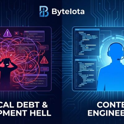 Split screen showing chaotic tangled code representing technical debt versus clean organized code representing context engineering