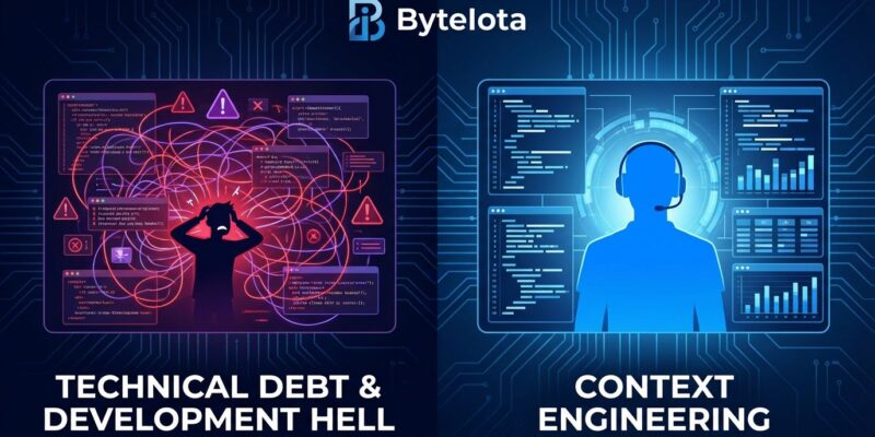 Split screen showing chaotic tangled code representing technical debt versus clean organized code representing context engineering