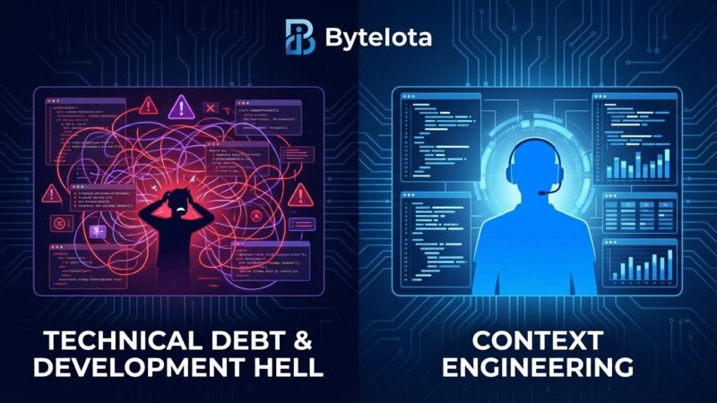 Split screen showing chaotic tangled code representing technical debt versus clean organized code representing context engineering