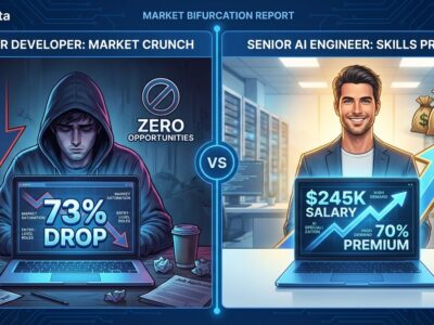 Split-screen showing junior developer hiring collapse 73% on left versus AI engineer salary premium 70% on right, illustrating software engineer market bifurcation